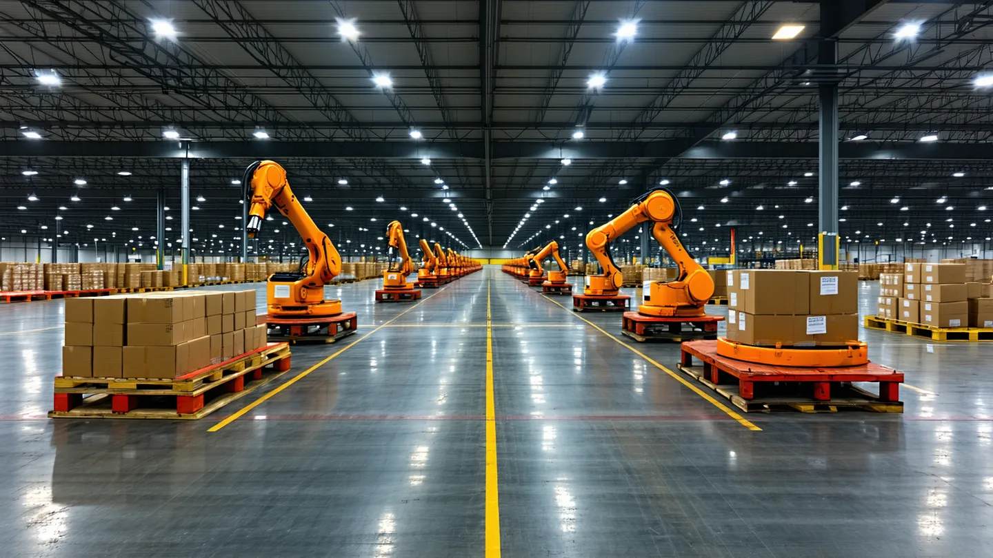 Wide warehouse floor with rows of robot arms in operation alongside human workers