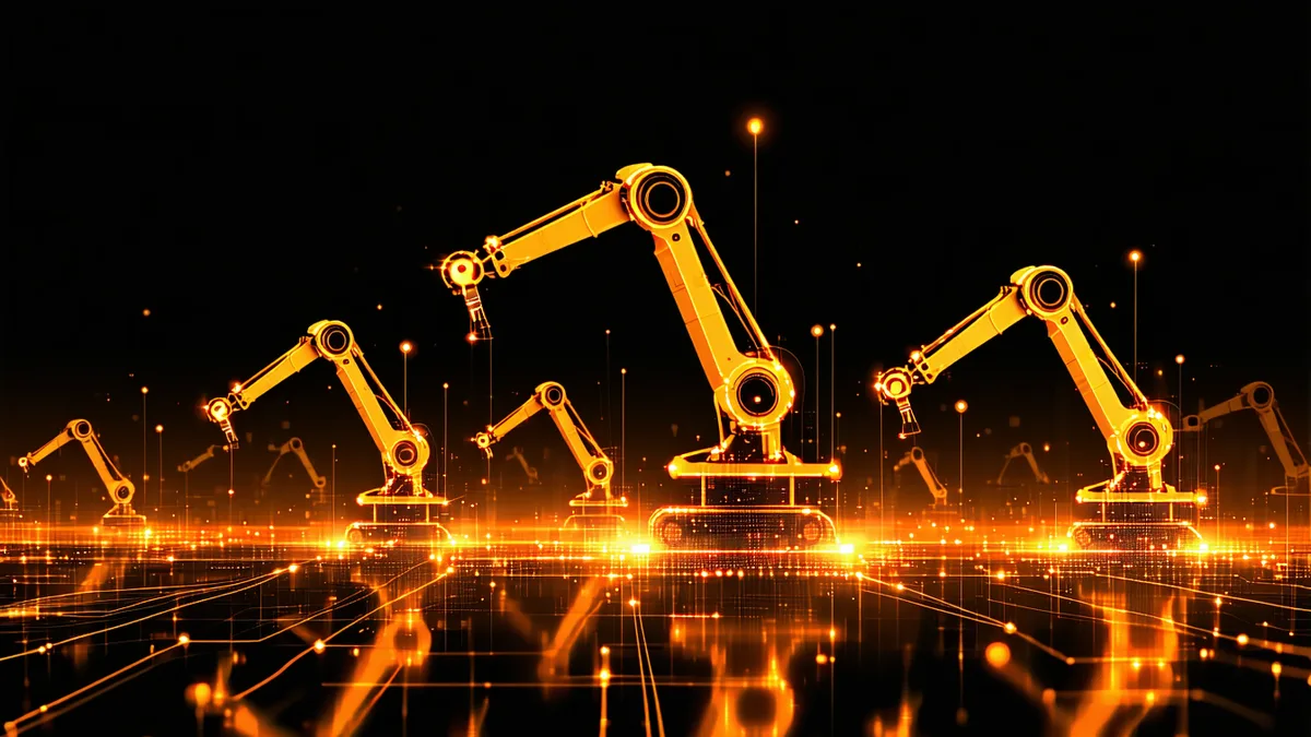 Network diagram abstractly illustrating knowledge propagating from a single node to many robot arms