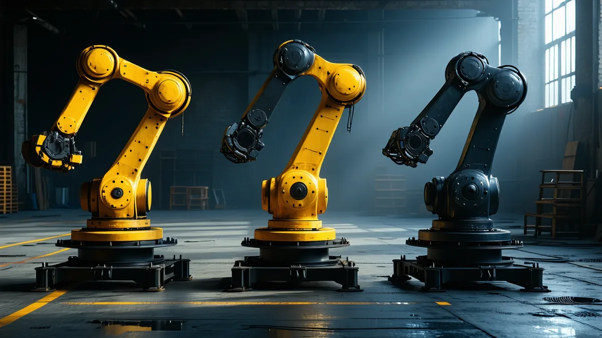 Various robot arm models in a factory setting representing compatibility research