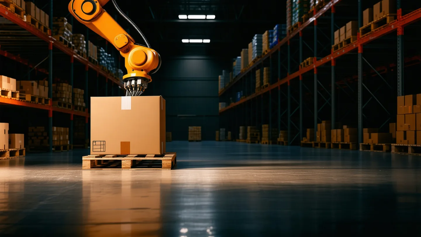 Industrial robot arm picking a product from a mixed-SKU pallet in a warehouse