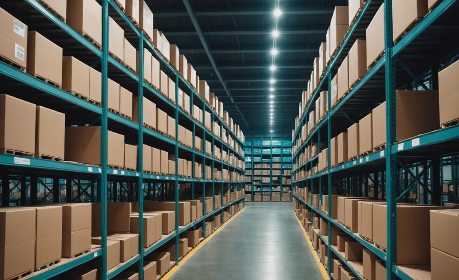 Mid-shot of warehouse shelving rows with barcode scan activity, representing live POS and inventory data capture