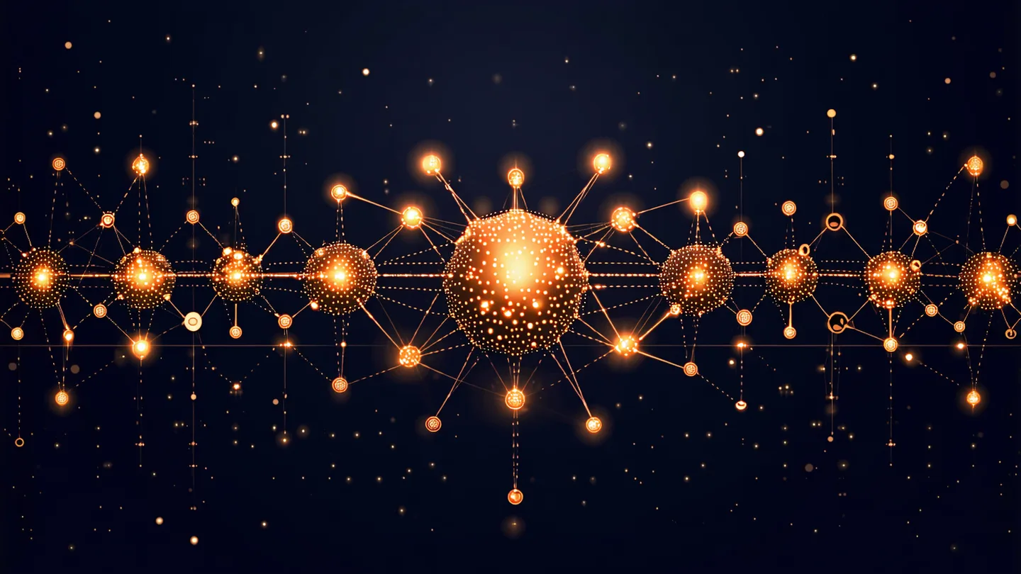 Abstract visualization of data propagating between nodes representing robot arms in a warehouse network